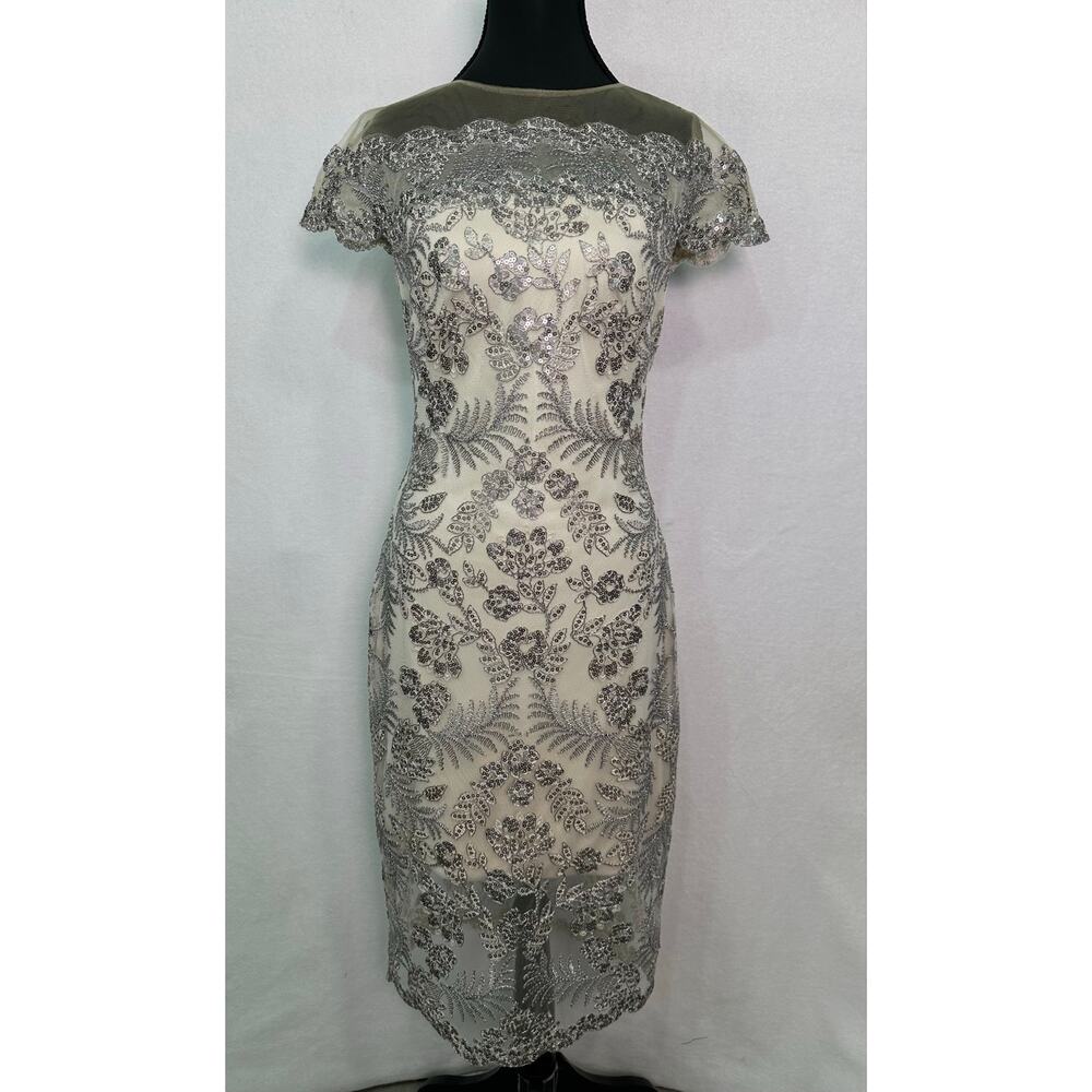 Tadashi Shoji Silver Sequin Embroidered Sheath Midi Dress Women’s Size 2 - Picture 2 of 11